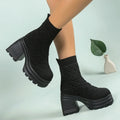 Women's Chunky Knit Platform Ankle Boots – Square Heel Slip-On