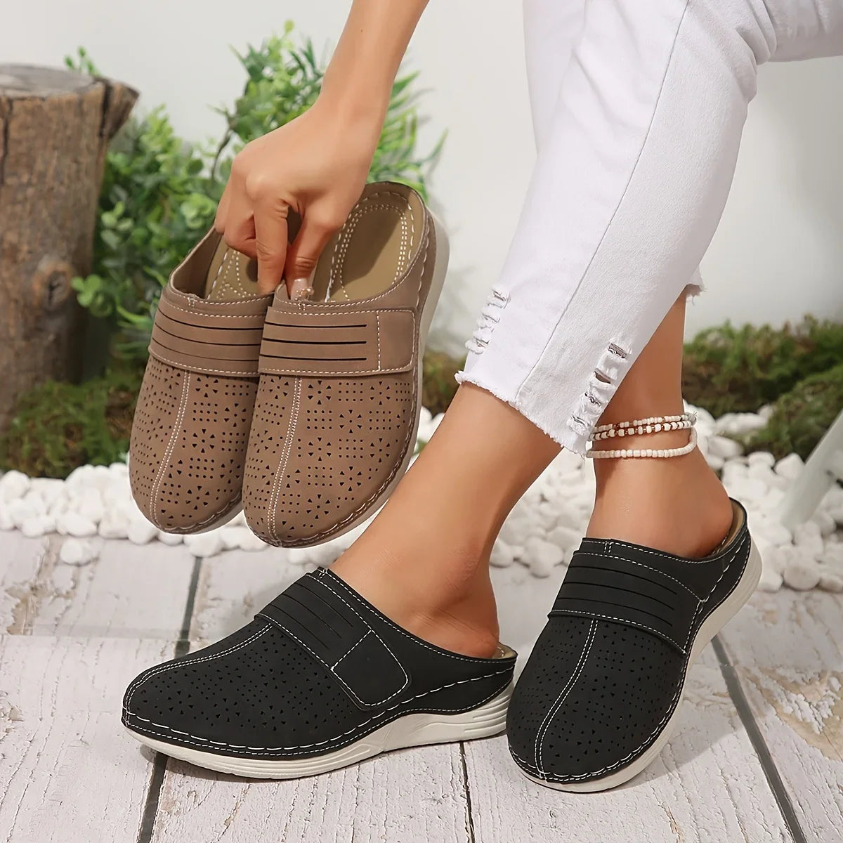 Women's Vintage Wedge Mule Sandals – Slip-On Faux Leather