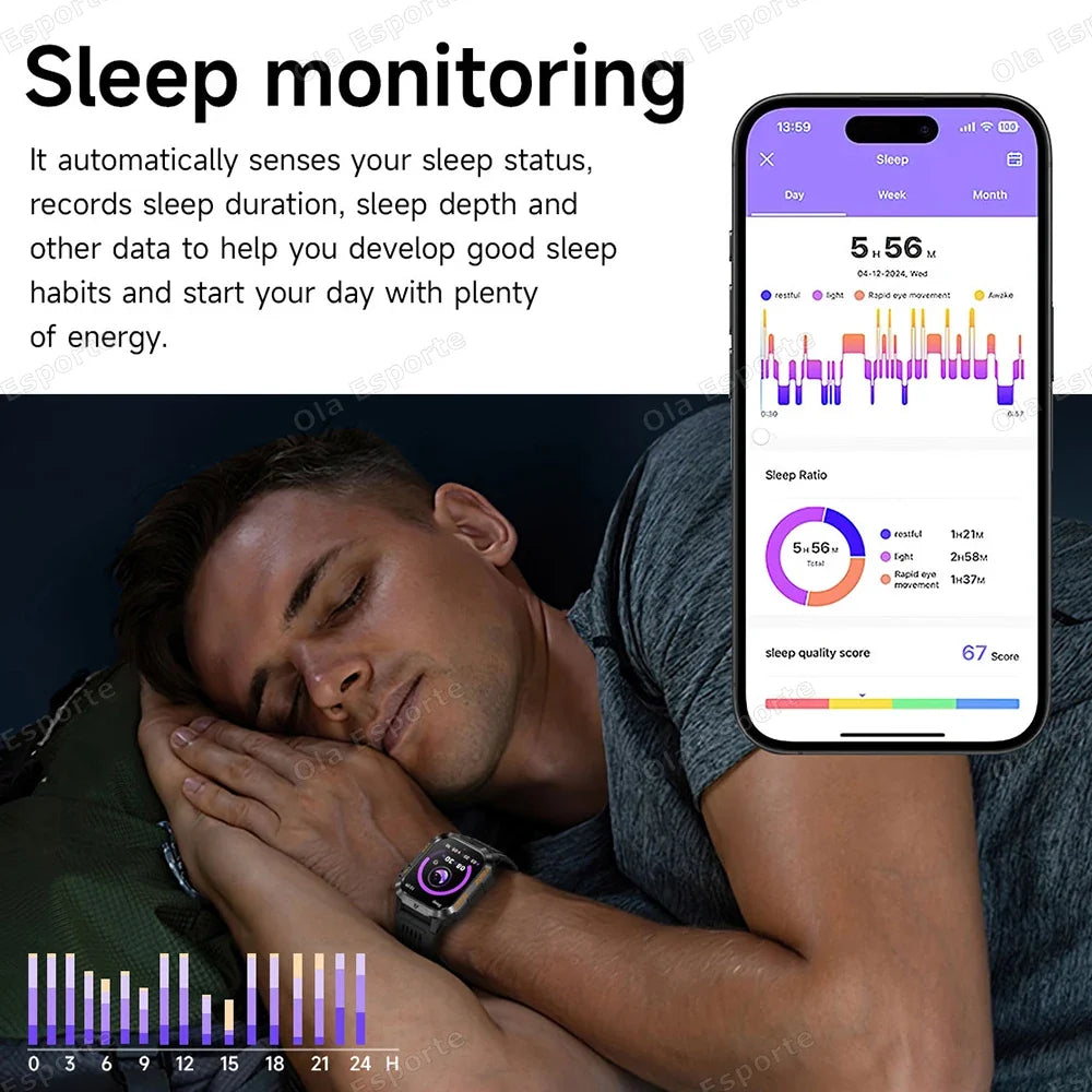 Military Smart Watch Men | 1200mAh, Flashlight, IP68 Bluetooth