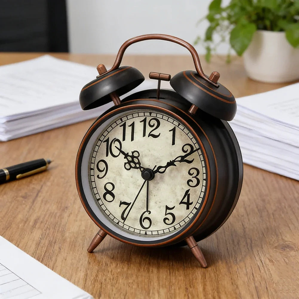 Antique Copper Twin-Bell Alarm Clock | Retro Silent Desk Clock
