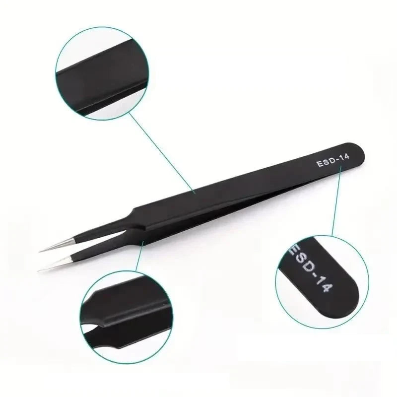 6-Piece ESD Anti-Static Precision Tweezers Set | Stainless Steel