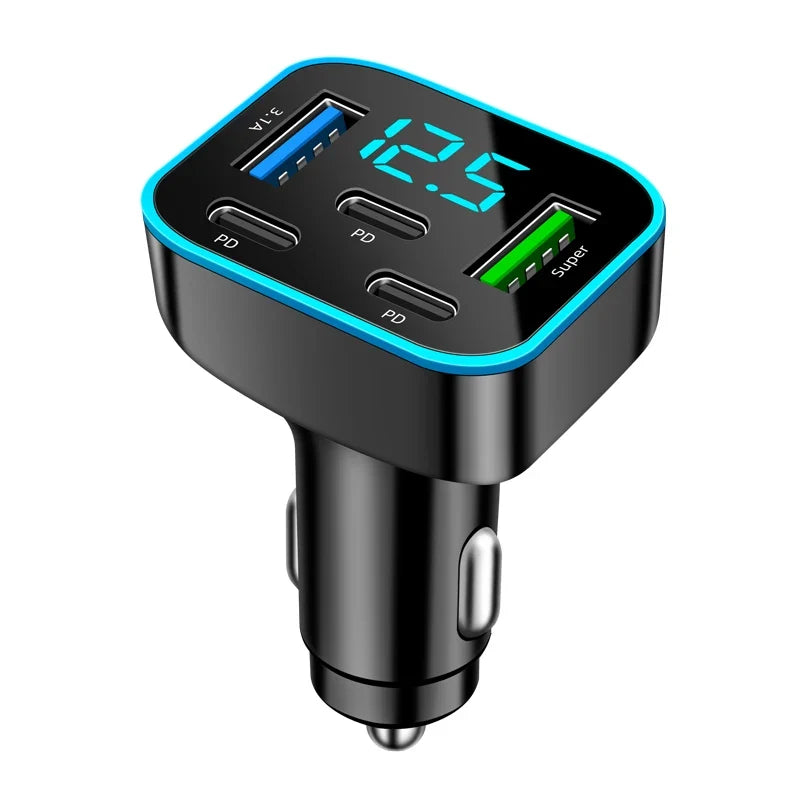 5-Port Fast Car Charger – 3x USB-C PD, 2x USB, Digital Display