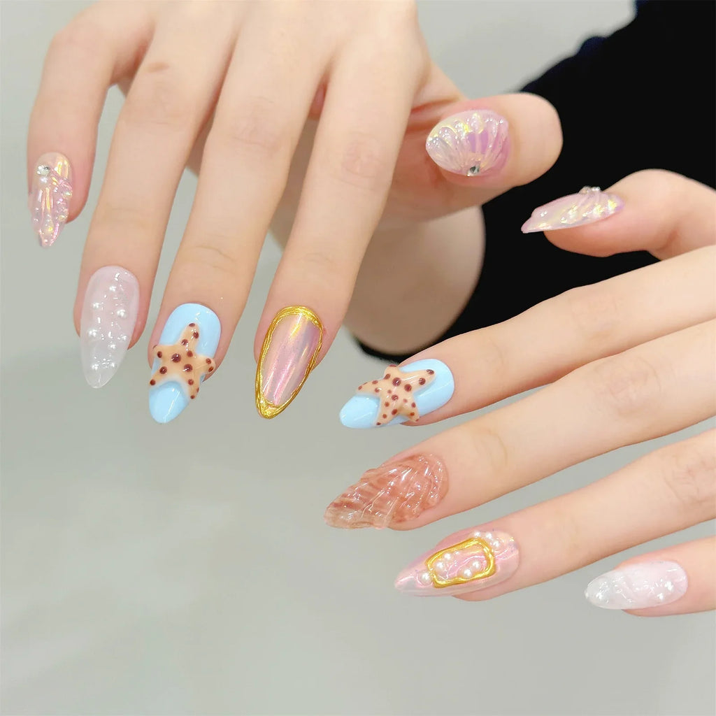 Aurora Press On Nails 3D Flower Glitter Pearl Almond Set 10pcs