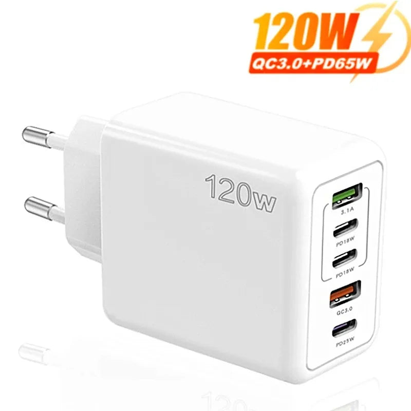 120W 5-Port USB-C PD Fast Wall Charger | Quick Charge 3.0