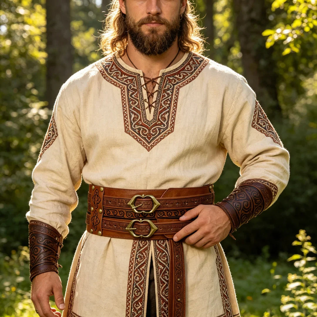 Viking Embossed Wide Waist Sash Medieval Double Buckle Leather