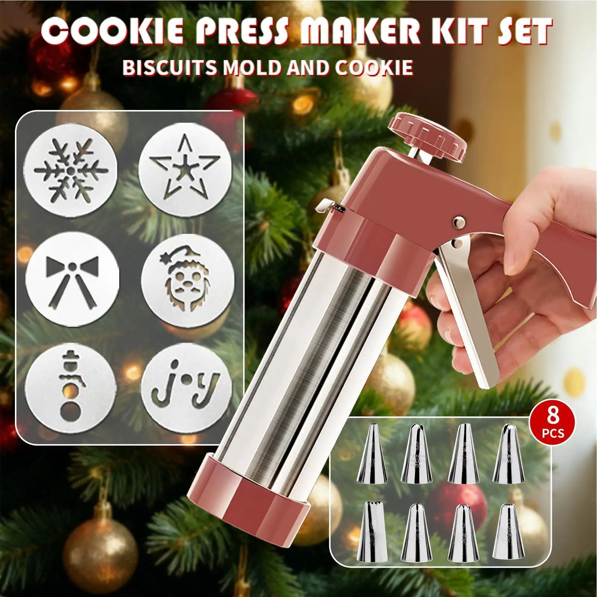 Manual Cookie Press Set – 8 Nozzles & 13 Molds | Stainless Steel
