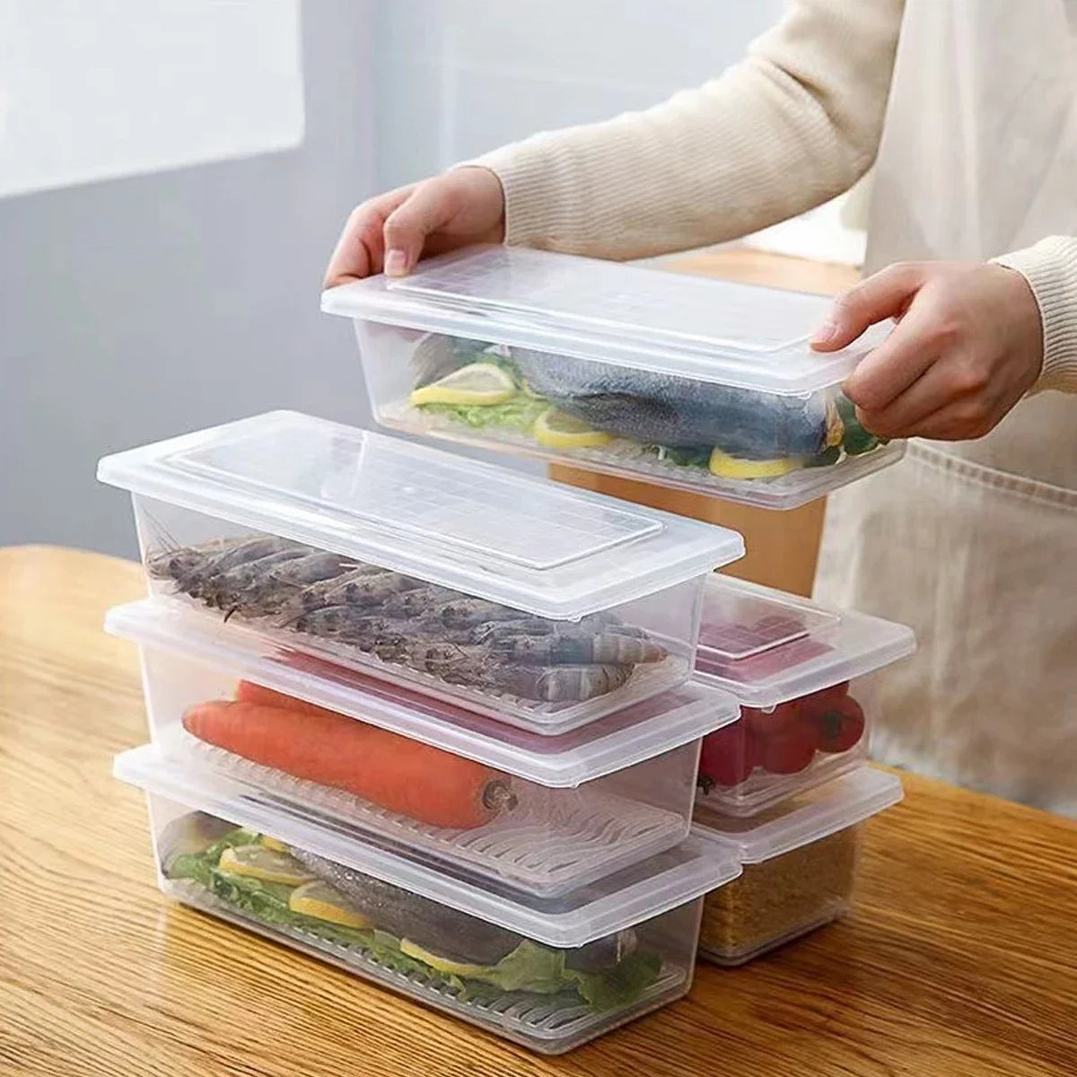 Sealed Drainable Fresh Food Fridge Organiser Lid Meat Vegetables