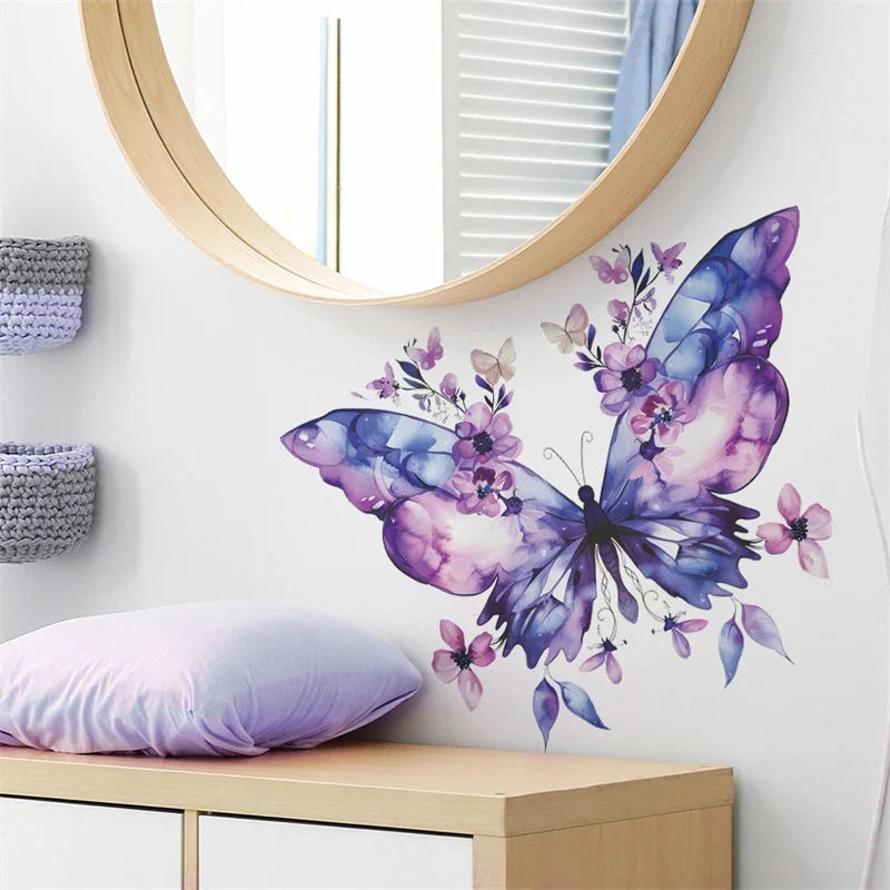 Purple Butterfly Flower Wall Sticker Refrigerator Door Closet Bedroom