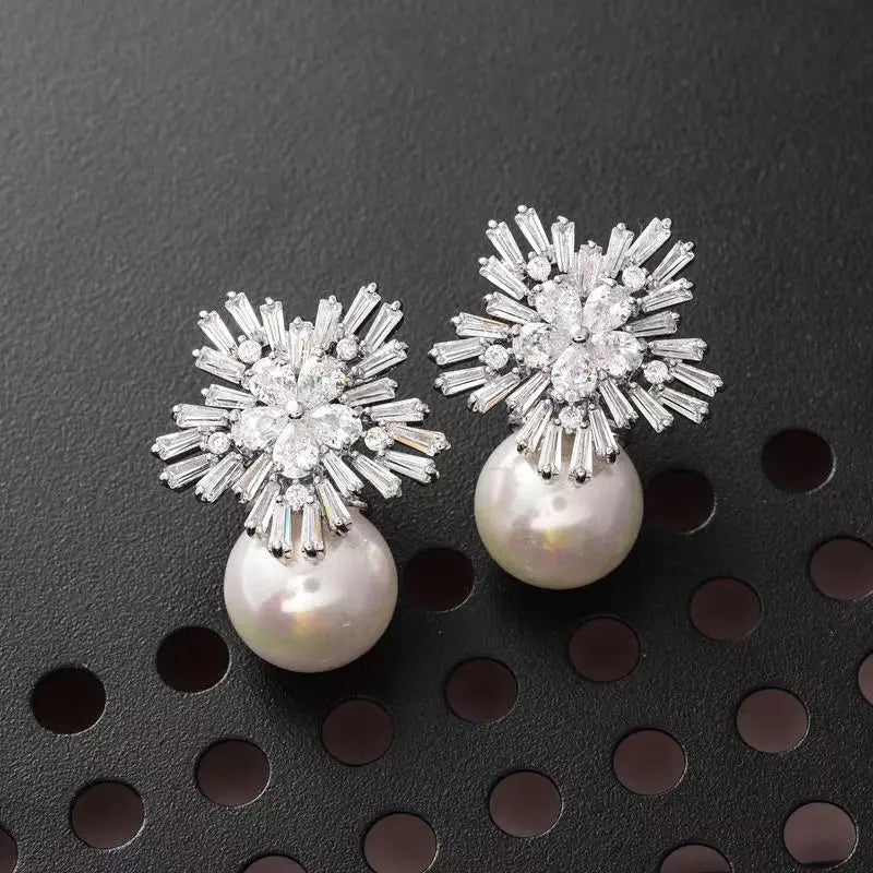 Huitan CZ Flower Pearl Drop Earrings – Wedding & Party Jewelry