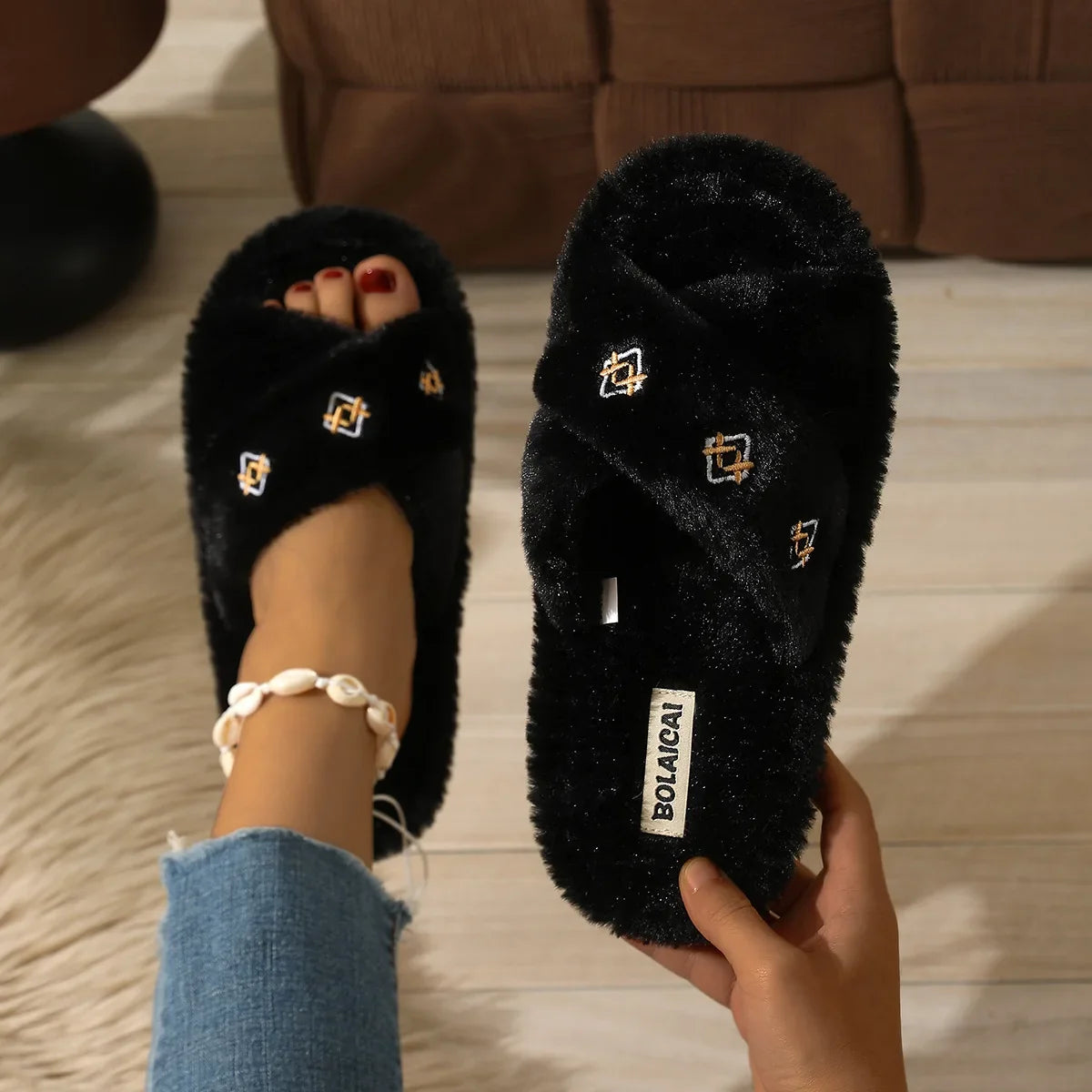 Women's Fluffy Fur Slippers – Embroidery Plush Cross Band Slides