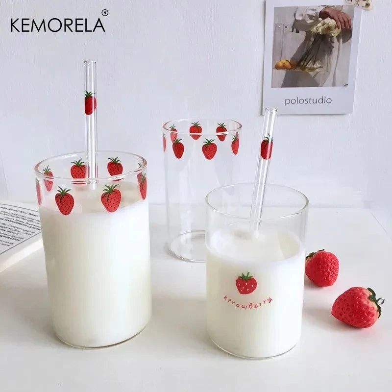 KEMORELA 300ml Cute Glass Cup – Strawberry Orange Design