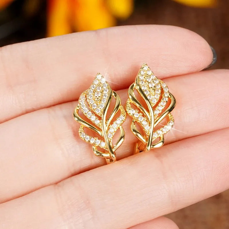 Huitan Gold Leaf Hoop Earrings | Cubic Zirconia Women's Jewelry