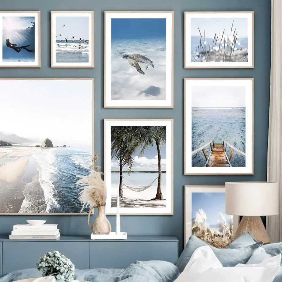 Beach Canvas Wall Art – Waves, Sea Turtles & Coconut Trees