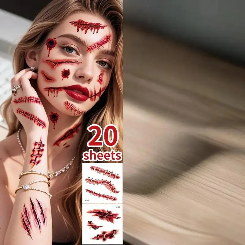 20 Sheets 3D Fake Scar Tattoos – Halloween Cosplay Body Stickers