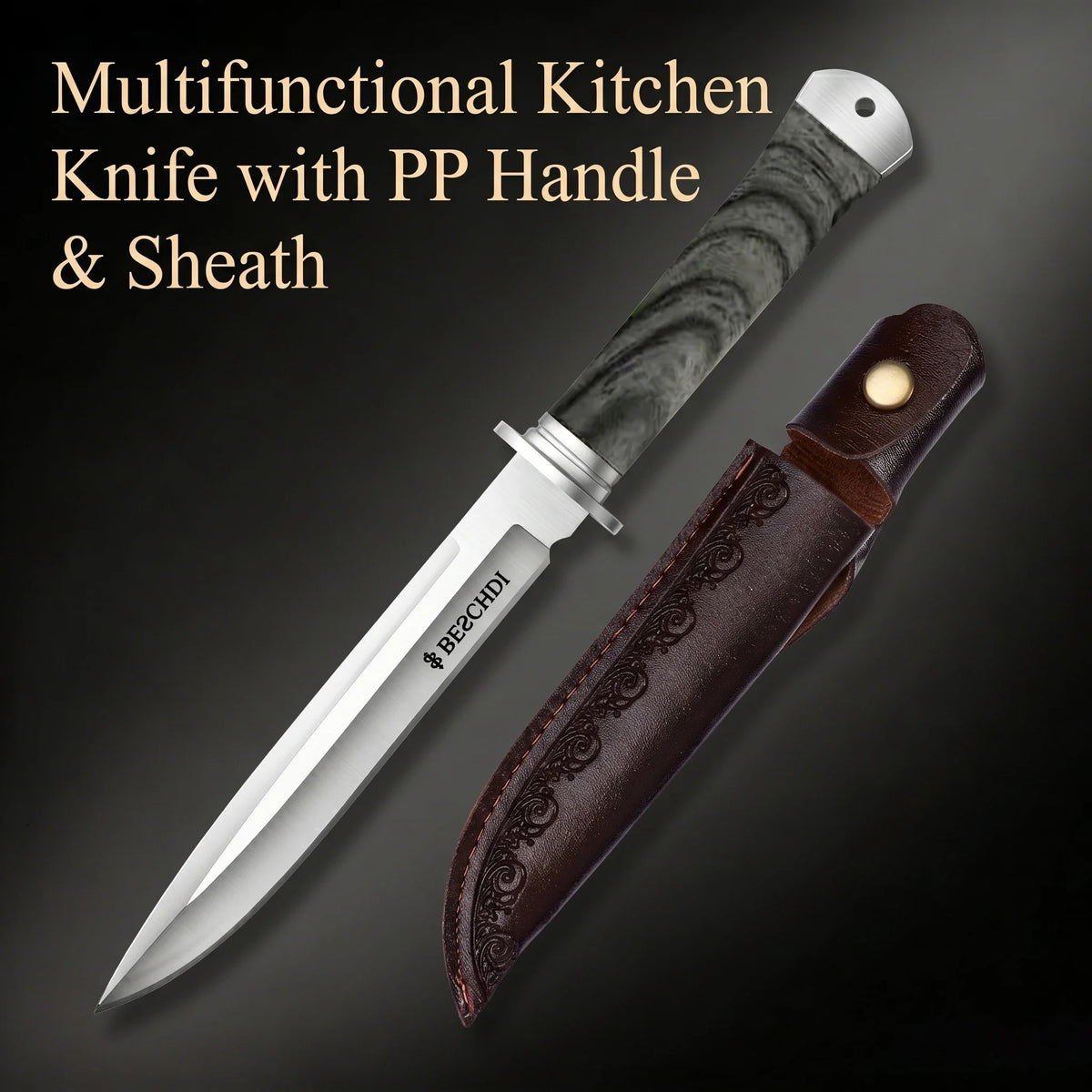 Fixed-Blade Kitchen Knife with Leather Sheath | Carbon Steel