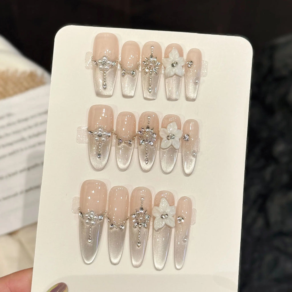 3D Cat's Eye Press-On Nails | Glitter French Tips 10pcs