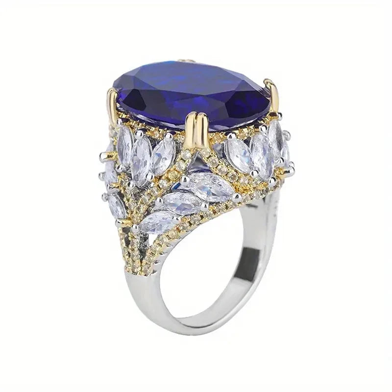 Huitan Oval Blue CZ Two-Tone Women's Wedding Band Ring