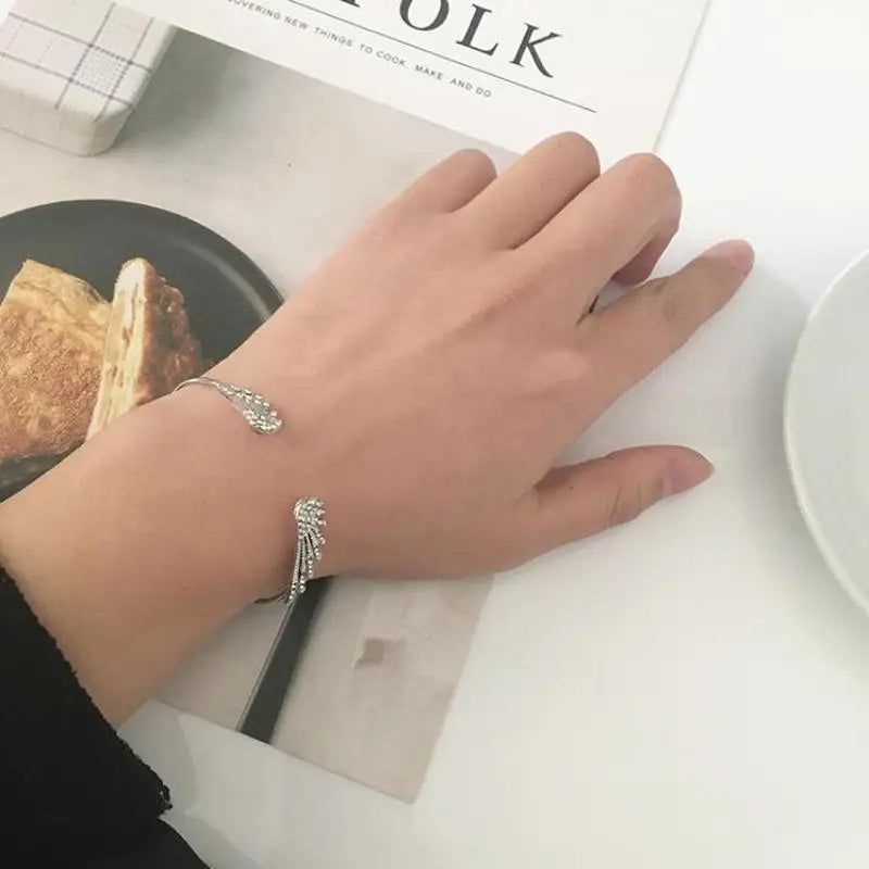 Angel Wings Silver Open Bangle Bracelet – Adjustable Women's Cuff