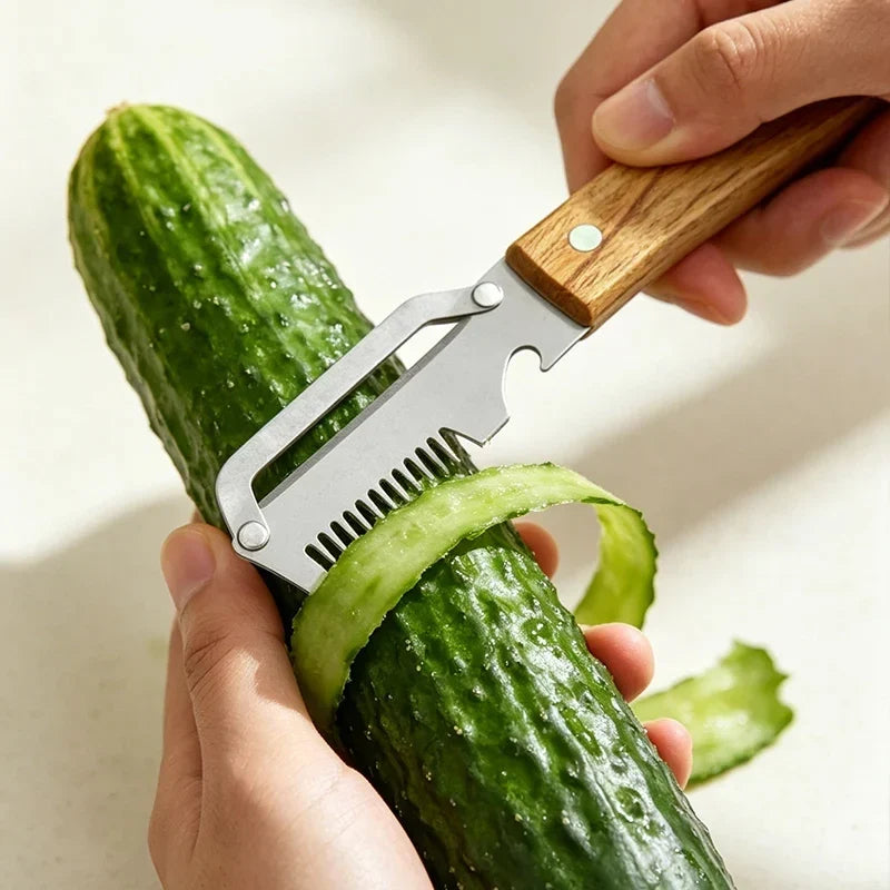 3-in-1 Stainless Steel Vegetable Peeler with Wooden Handle