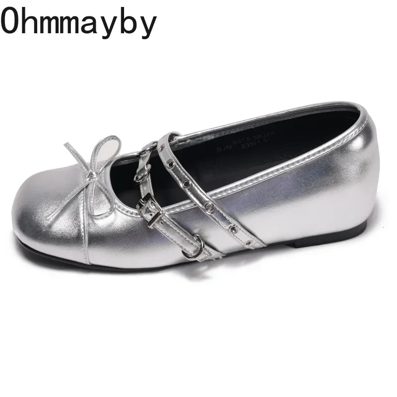 Women's Silver Mary Jane Hidden Wedge Shoes – Bow Buckle