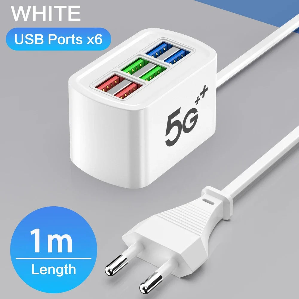 6-Port USB QC 3.0 Fast Charger | EU & US Travel Adapter