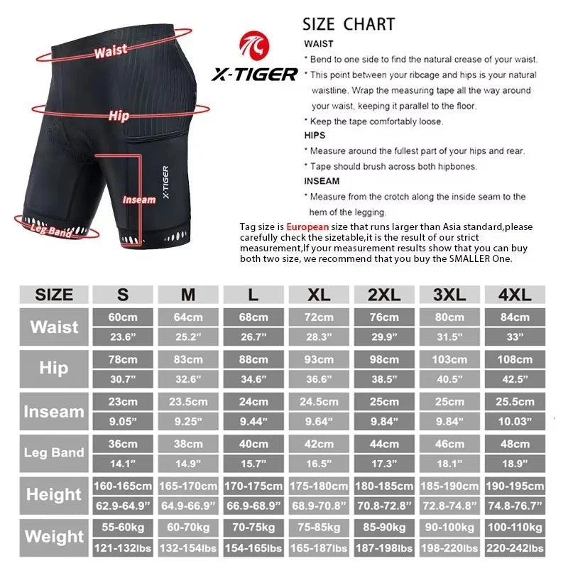 X-TIGER Men's 5D Gel Padded Cycling Shorts with Back Pocket