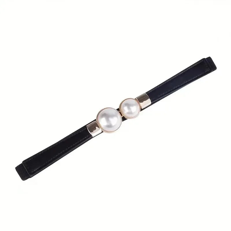 Women's Elastic Pearl Buckle Thin Belt – PU Waist Strap