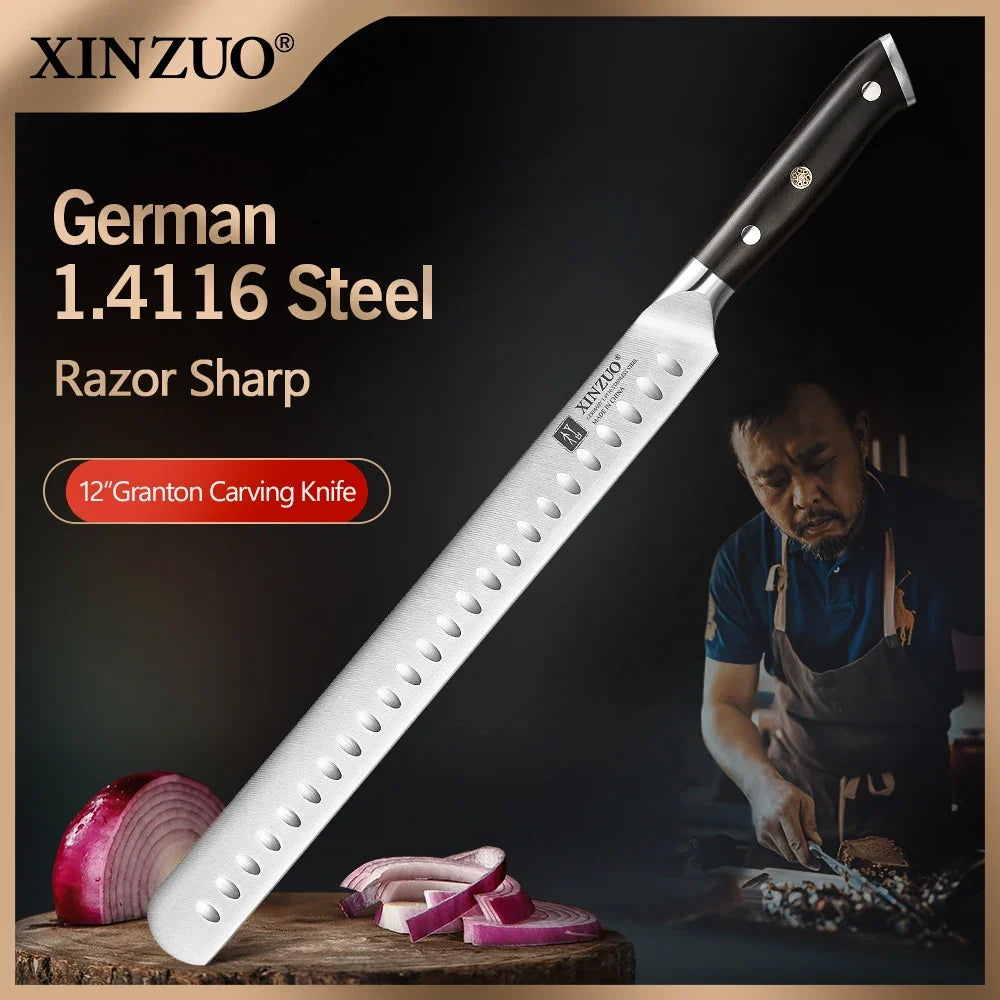 XINZUO 12" Granton Carving Knife – 1.4116 Steel Ebony Handle