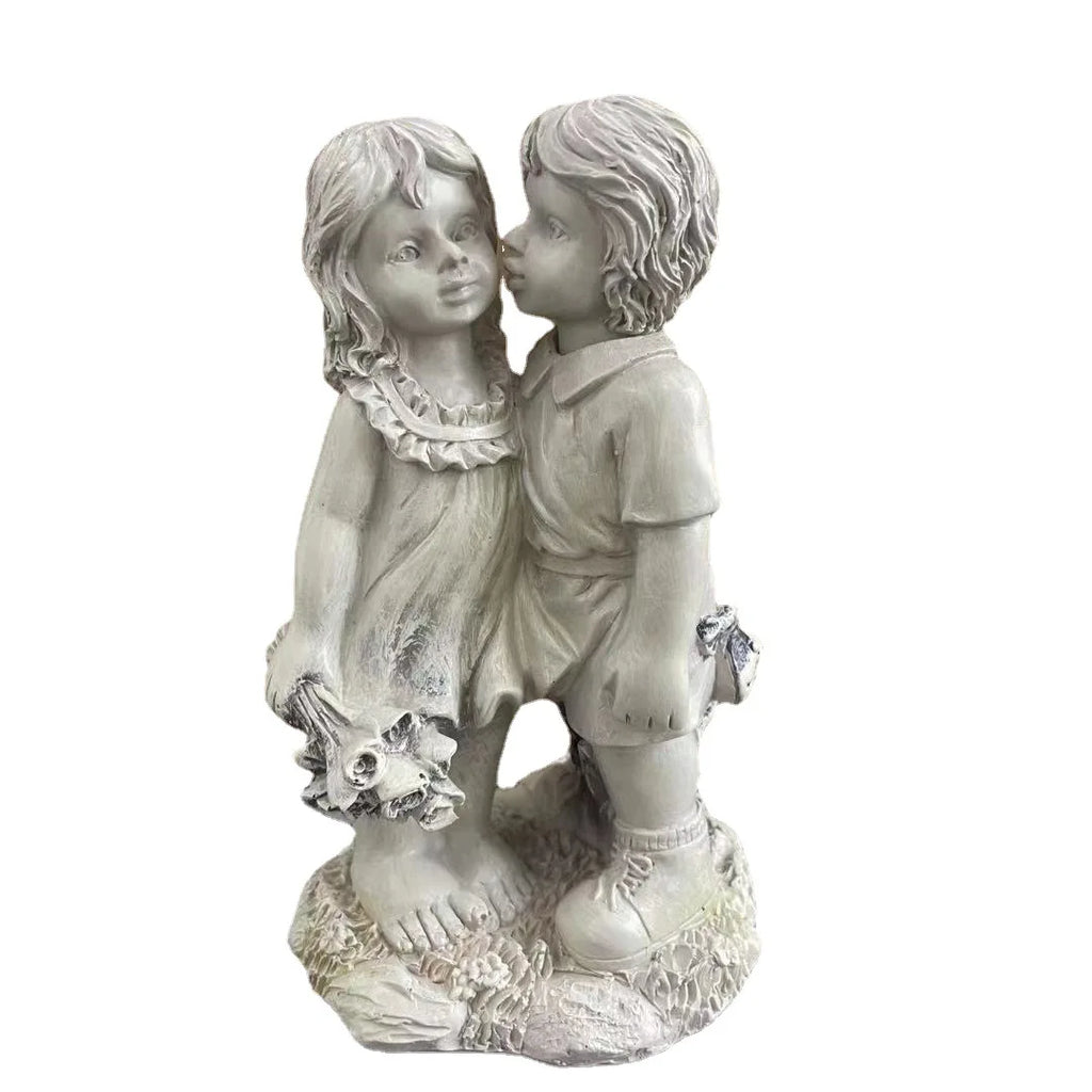 Kids on Bench Kissing Figurine | Resin Fairy Garden Sculpture
