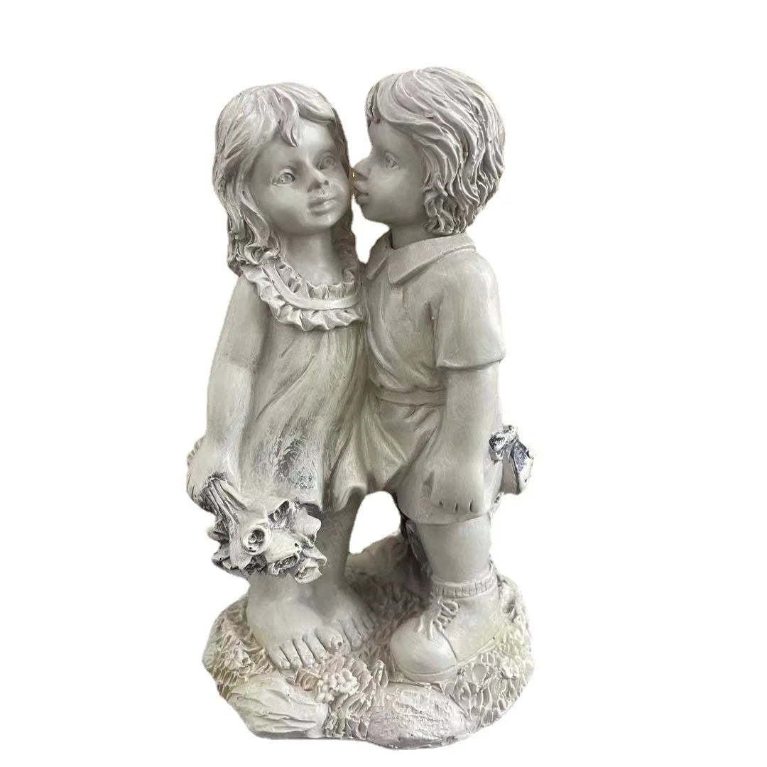 Kids on Bench Kissing Figurine | Resin Fairy Garden Sculpture