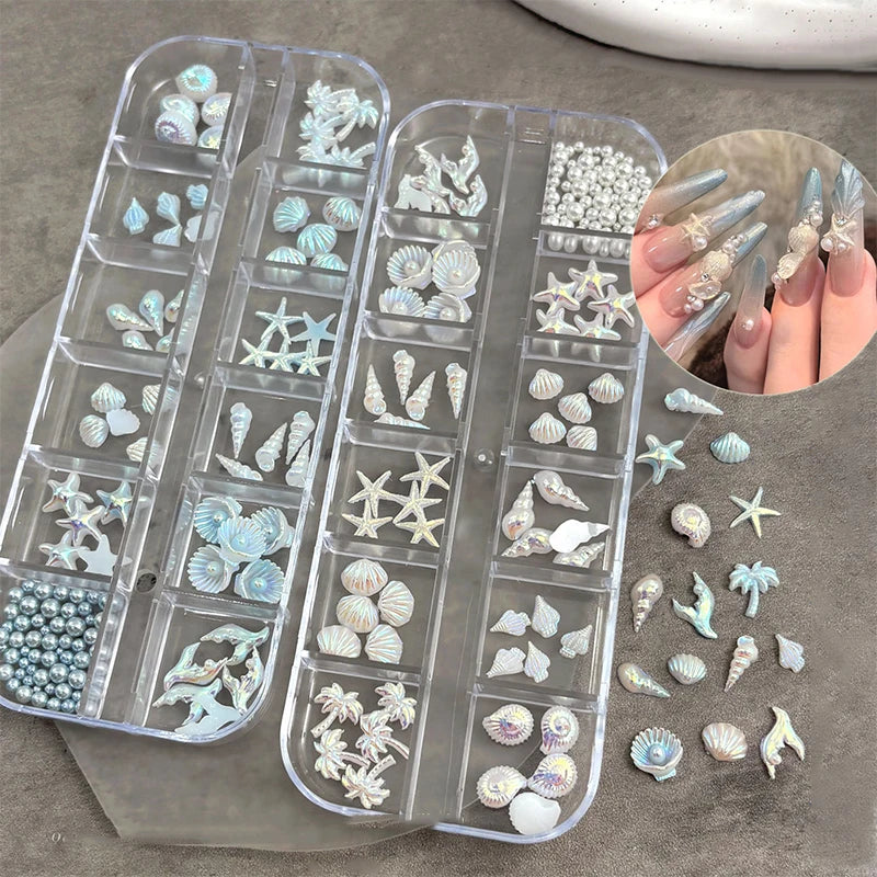 3D Ocean Nail Charms – Shell, Starfish & Mermaid 12-Grid Box