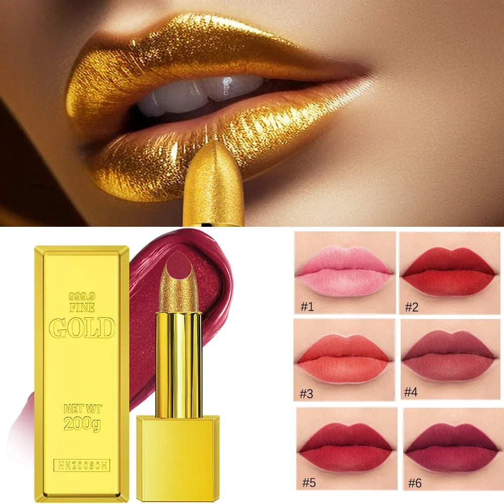 Shimmer Gold Glitter Lipstick – Long-Lasting Waterproof, 7 Shades