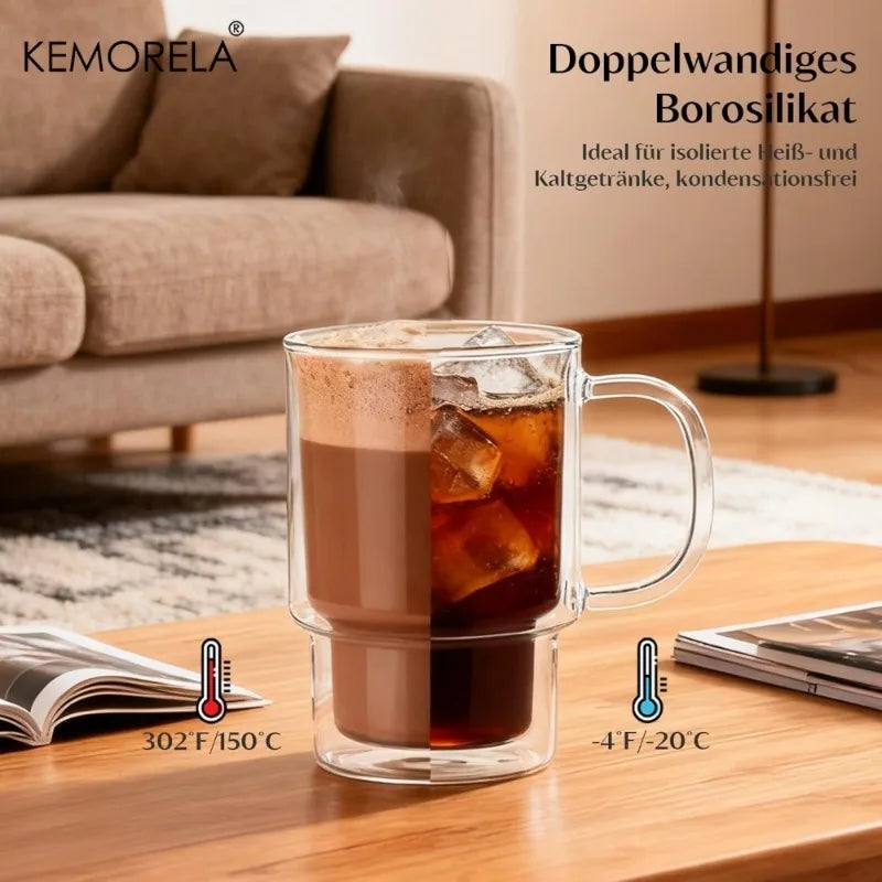 KEMORELA 450ml Borosilicate Glass Coffee Cups with Handle