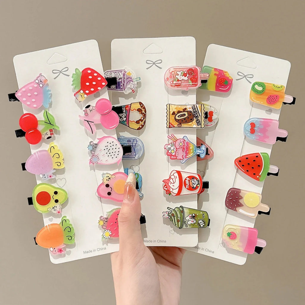 Cartoon Print Hair Barrettes for Women – 10pc Resin Clips