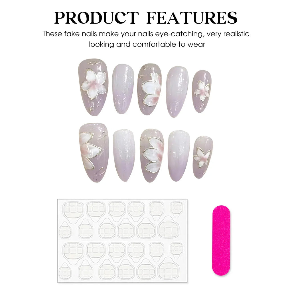 Purple Flower Almond Press On Nails | Japanese Style 10pcs