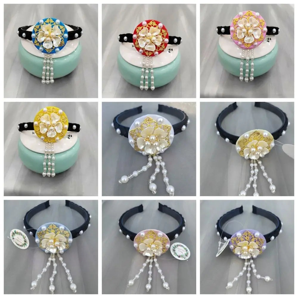 Korean Hanbok Headband – Pearl Tassel Retro Flower Hair Hoop