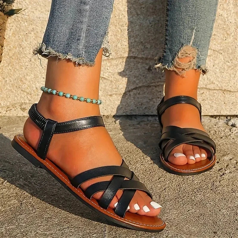 Women's Flat Roman Sandals – Casual Slip-On Beach Shoes