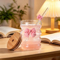 KEMORELA 300ml Butterfly Glass Cup with Lid & Straw