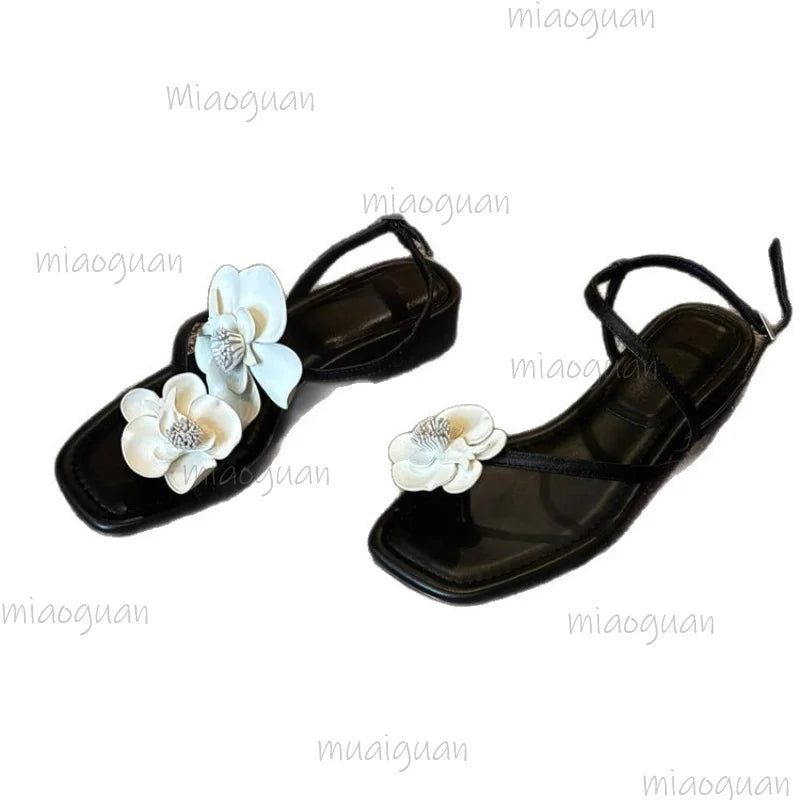 Women's Flower Square Toe Low Heel Sandals | Summer Buckle