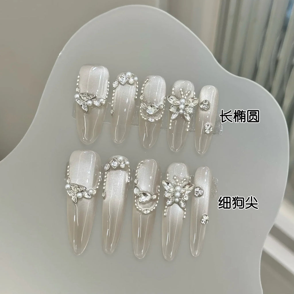 YADORNOS Cat's Eye Press On Nails | Diamond Butterfly French Set