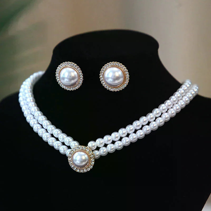 Fashion Double Layer Pearl Pendant Necklace Earrings Jewelry Ladies