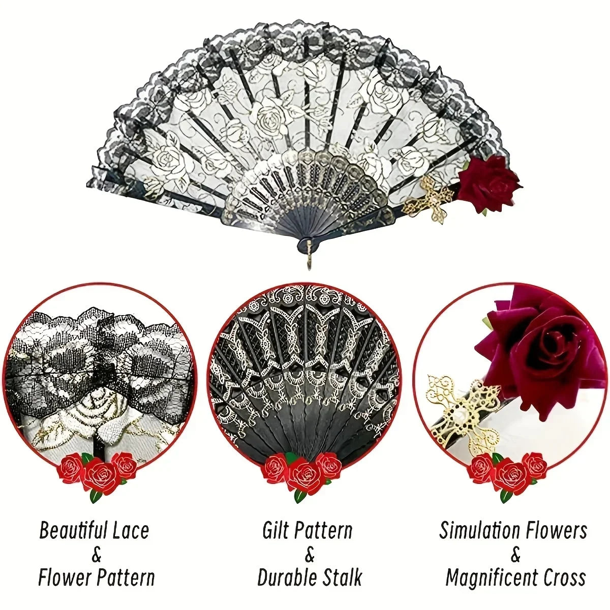 Dance Fan Ornament Ladies Lace Hand Black White Cloth Folding Fans