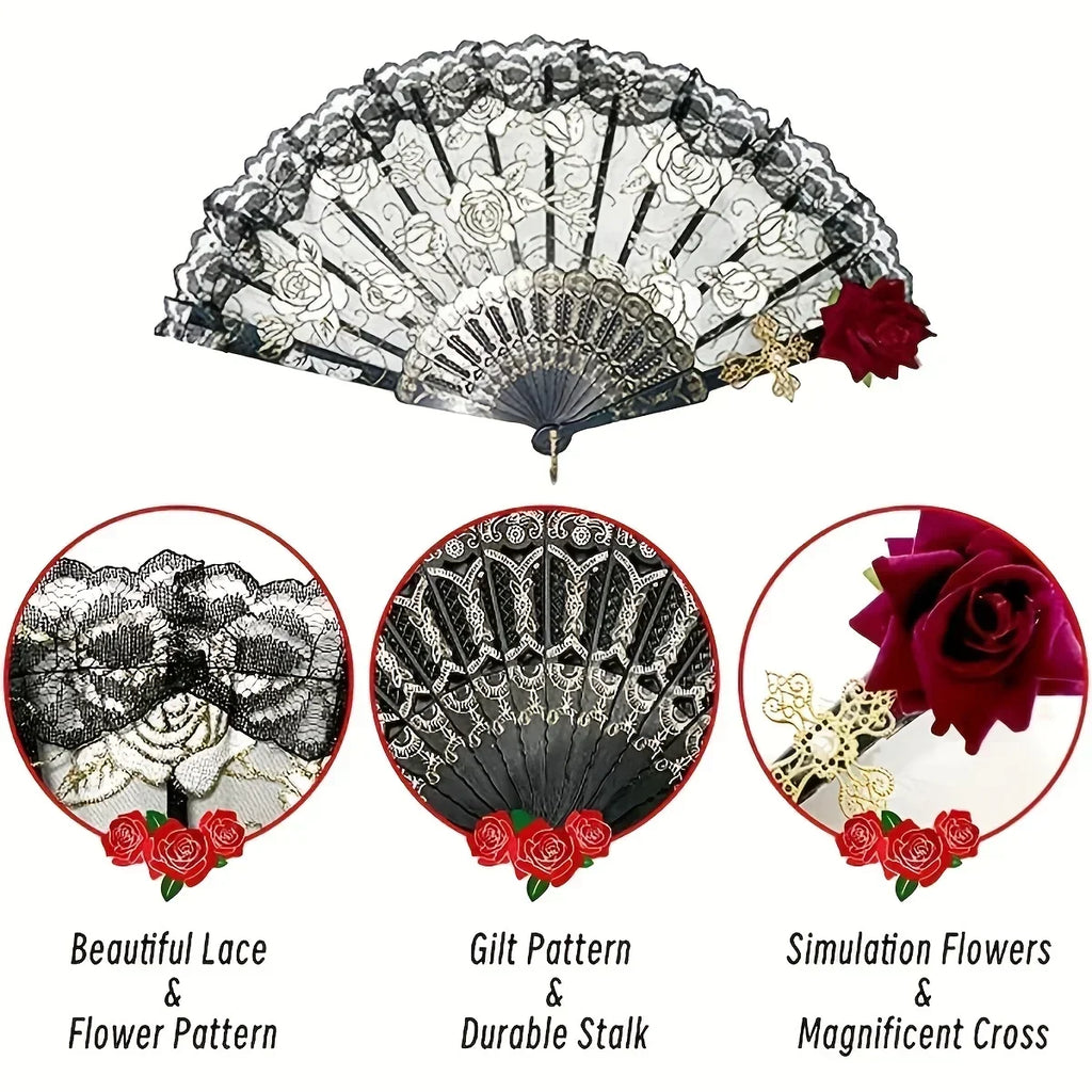 Dance Fan Ornament Ladies Lace Hand Black White Cloth Folding Fans