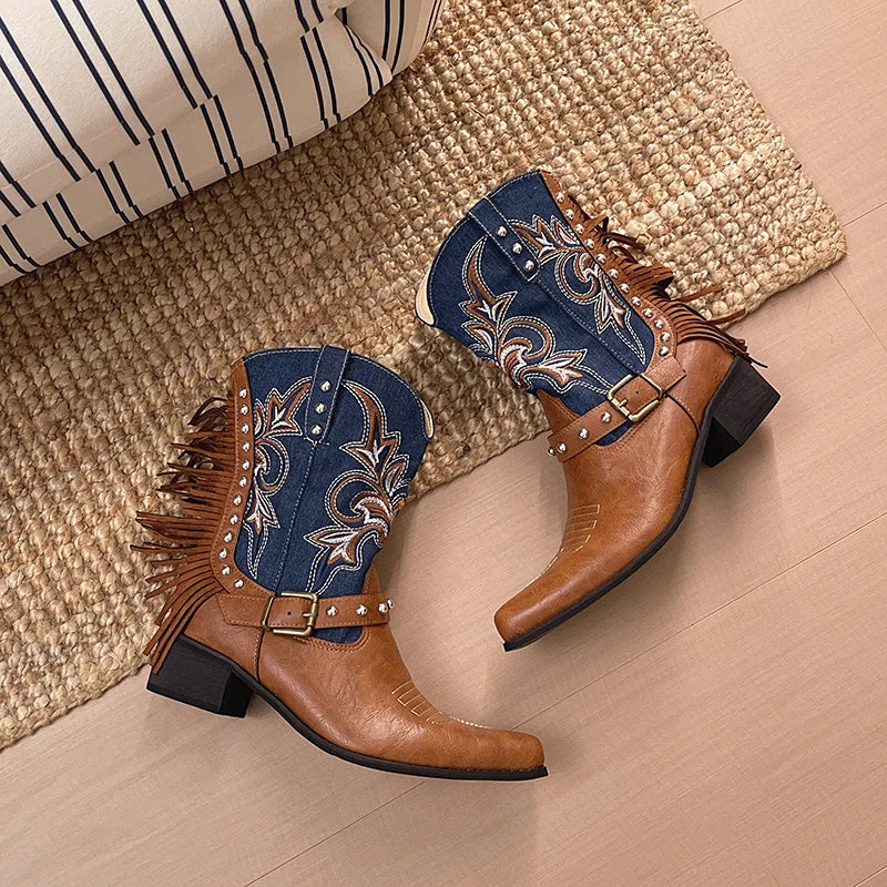Women's Western Cowboy Boots – Embroidered Studded Block Heel