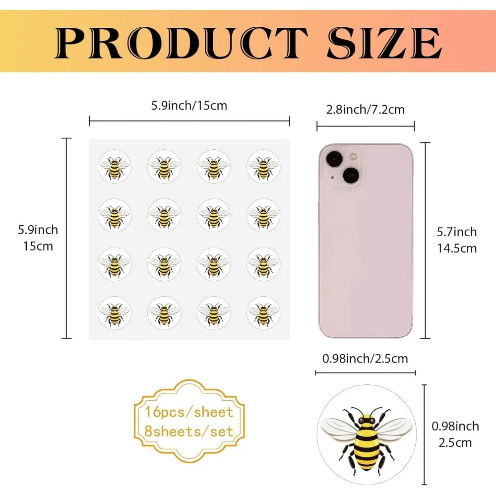 128Pcs Bee Round Stickers – Waterproof Self-Adhesive Cartoon Decals