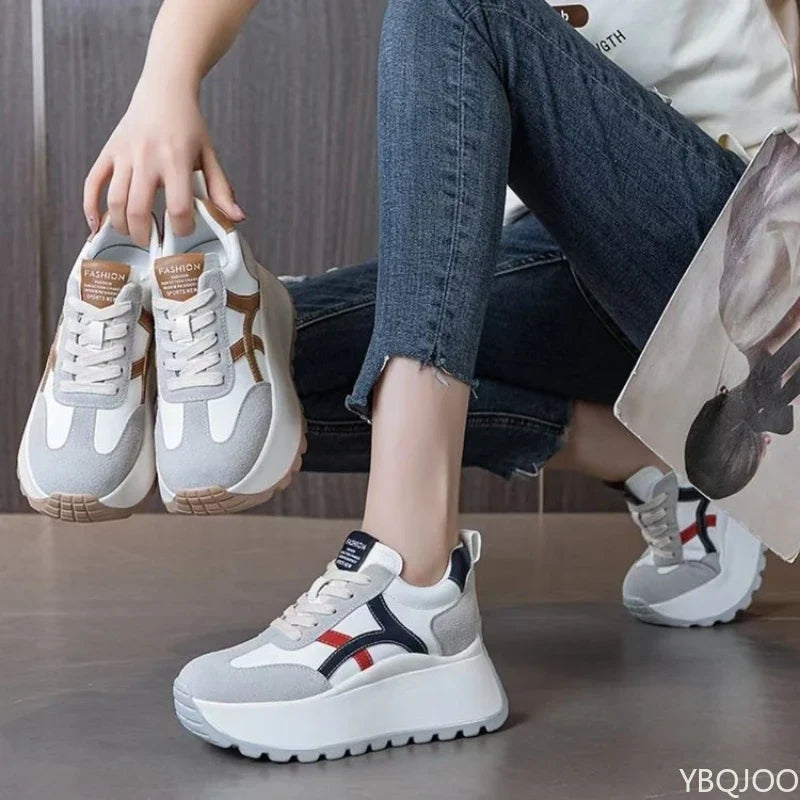 YBQJOO Women's Thick Heel Lace-Up Sneakers | Casual Sport Shoes