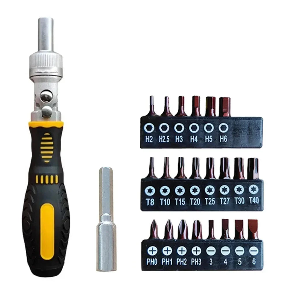 72-Tooth Ratchet Screwdriver Set – Bendable Handle, 22 Bits