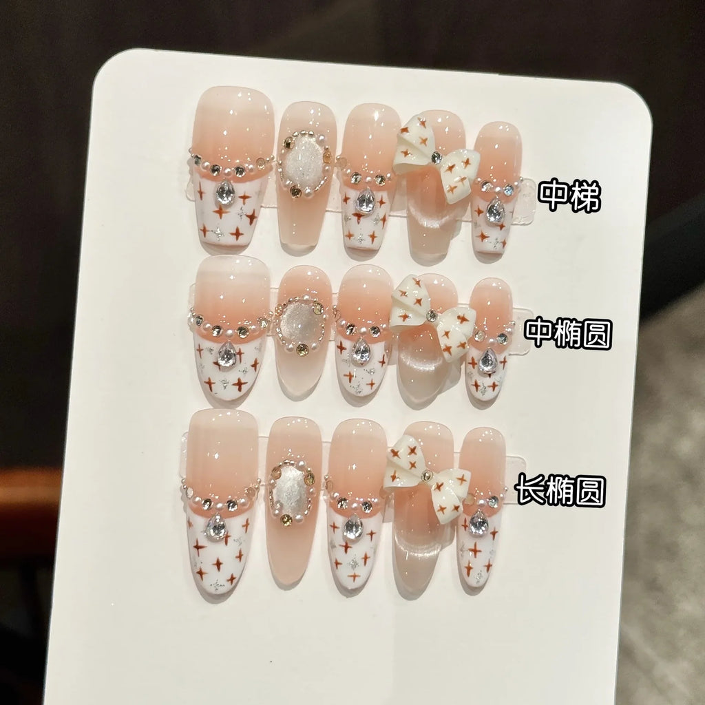10pcs French Cat's Eye Press-On Nails | 3D Pearl Bow Almond