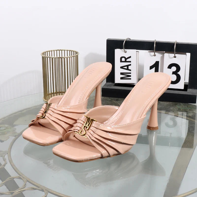Women's High Heel Pleated Sandals – Metal Open Toe Stilettos