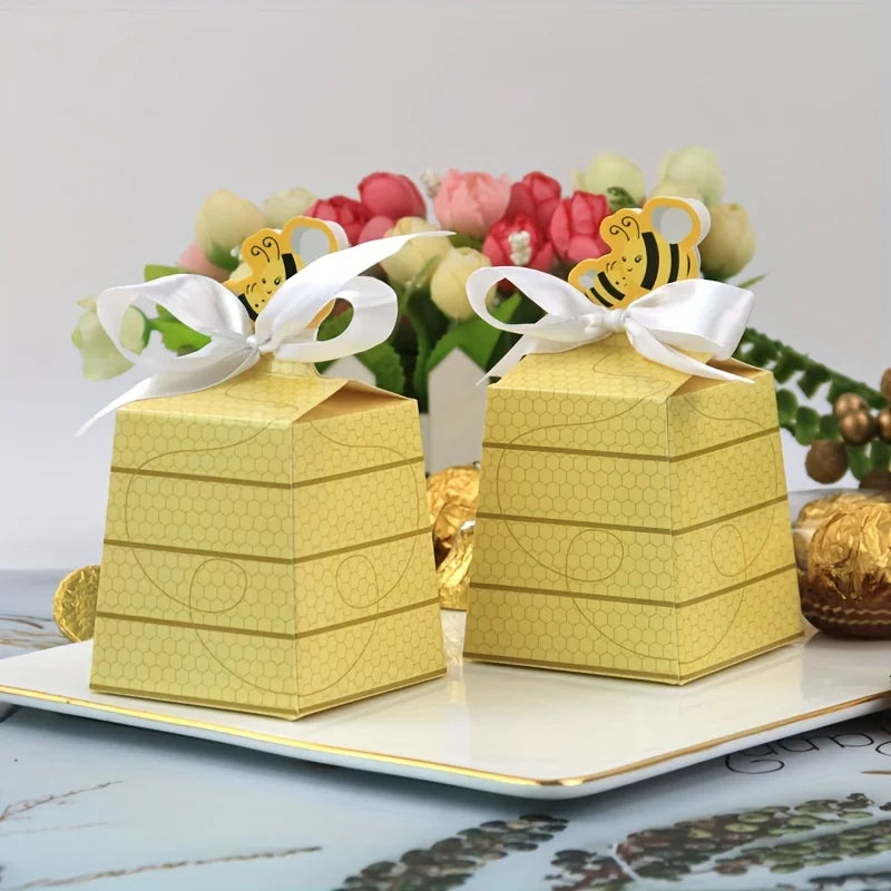 30 Bee Design Paper Gift Boxes with Ribbon Bows | Party Candy Boxes